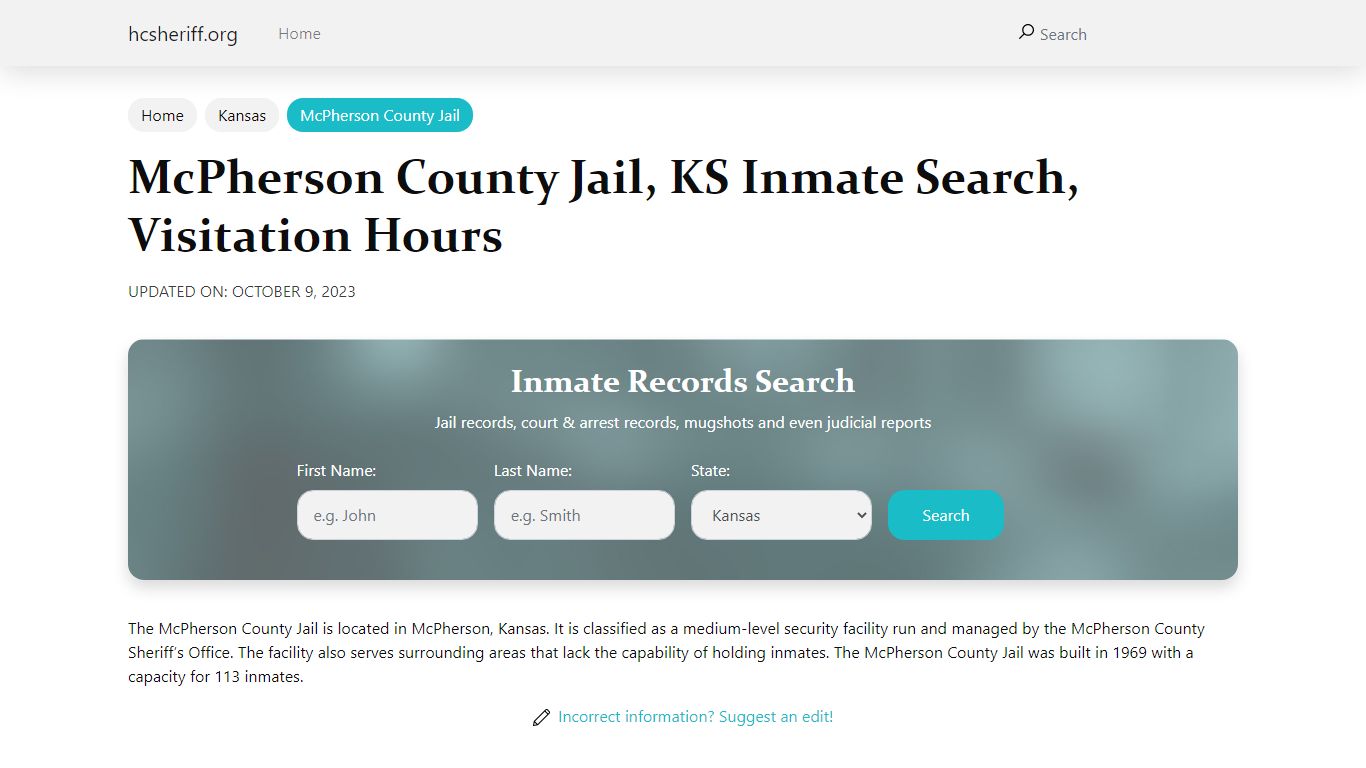 McPherson County Jail, KS Inmate Search, Visitation Hours